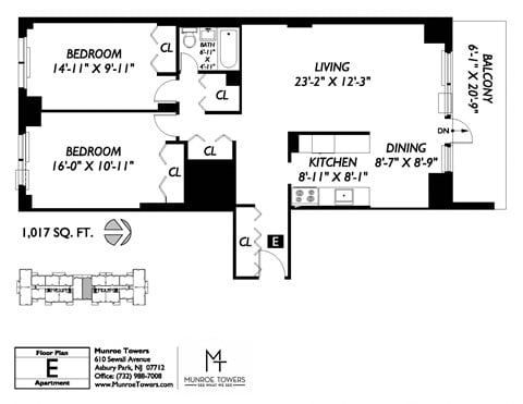 Floor plan for 2 beds, 1 bath, 1017 sqft